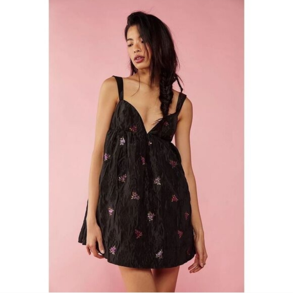 For Love & Lemons Sachi Floral Embroidered Jacquard Black Mini Dress NWT